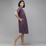 Purple & White Printed Cotton Maternity & Feeding Nightdress
