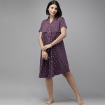 Purple & White Printed Cotton Maternity & Feeding Nightdress